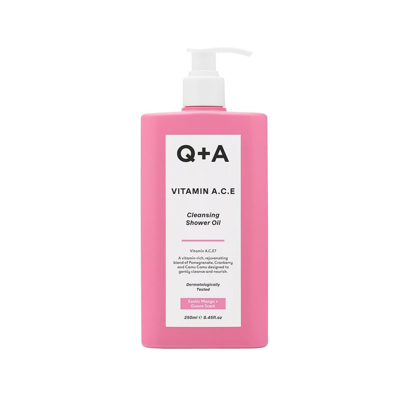 Q+A QA Vitamin ACE Cleansing Shower Oil blend of vitaminrich Fruit Extracts and Oils plus a Superfood Complex supporting skin barrier whilst delivering an ultragentle cleanse 250ml