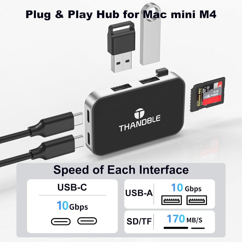 THANDBLE Mac mini M4 Dock & Hub, 6 in 1 Mac mini Hub with 2*USB-A 2*USB-C 10Gbps 3.2 Gen2 Port, SD/TF 170M/s Card Reader, High-Speed Data Transfer Support for Office, Design, Creation, Hanging Stand - Image 5