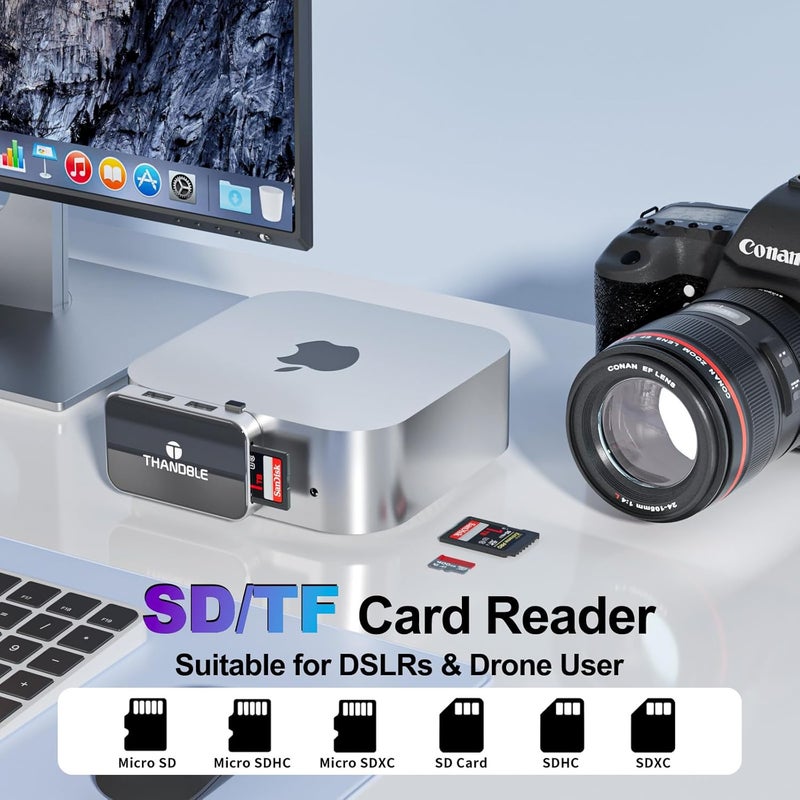 THANDBLE Mac mini M4 Dock & Hub, 6 in 1 Mac mini Hub with 2*USB-A 2*USB-C 10Gbps 3.2 Gen2 Port, SD/TF 170M/s Card Reader, High-Speed Data Transfer Support for Office, Design, Creation, Hanging Stand - Image 4