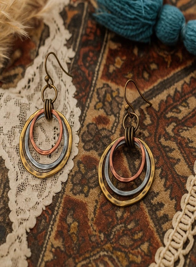ecozran Circle Tricolor Dangle Earrings Handcrafted Lightweight Boho Earring for Women Unique Trendy Vintage Copper Western Jewelry - Image 4