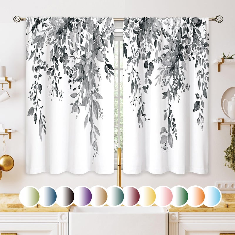 oolygoo Eucalyptus Botanical Leaves Grey Floral Kitchen Window Curtains Over Sink Farmhouse Flower Leaf Small Window Treatment Cafe Short Curtains for Bathroom Treatment Tier Drapes 27.5x39 inch - Image 1