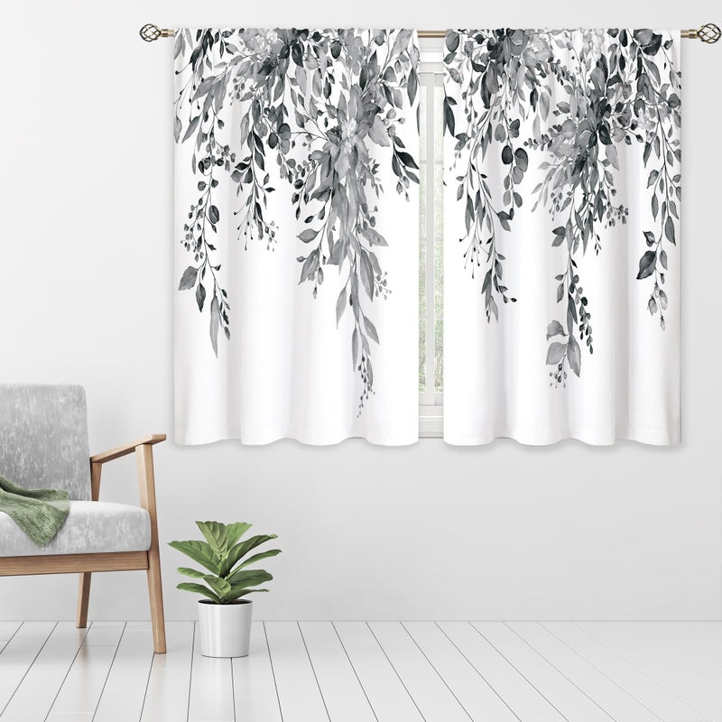 oolygoo Eucalyptus Botanical Leaves Grey Floral Kitchen Window Curtains Over Sink Farmhouse Flower Leaf Small Window Treatment Cafe Short Curtains for Bathroom Treatment Tier Drapes 27.5x39 inch - Image 3