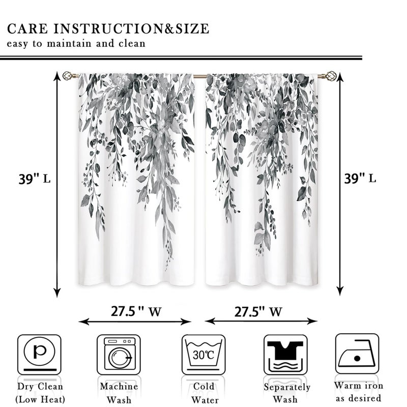 oolygoo Eucalyptus Botanical Leaves Grey Floral Kitchen Window Curtains Over Sink Farmhouse Flower Leaf Small Window Treatment Cafe Short Curtains for Bathroom Treatment Tier Drapes 27.5x39 inch - Image 4