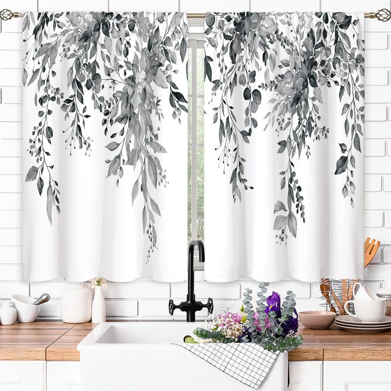 oolygoo Eucalyptus Botanical Leaves Grey Floral Kitchen Window Curtains Over Sink Farmhouse Flower Leaf Small Window Treatment Cafe Short Curtains for Bathroom Treatment Tier Drapes 27.5x39 inch - Image 2