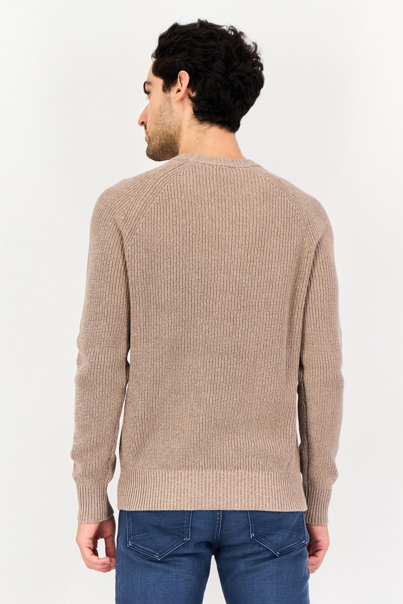 Celio Men Ribbed Neck Knitted Sweater, Taupe - Image 3