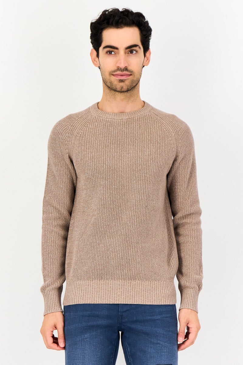 Celio Men Ribbed Neck Knitted Sweater, Taupe - Image 1
