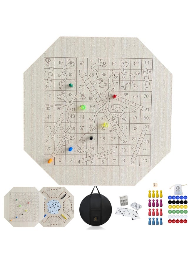 JACKAROOJOKER Jackaroo Joker Double-Sided Wooden Board Game Set, Jackaroo 4-Player and Snakes & Ladders, with Marbles, Cards, Pawns, Dice, Bag - Image 2