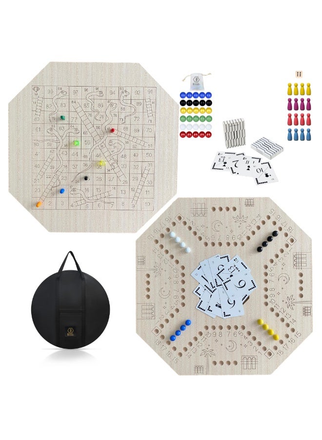 JACKAROOJOKER Jackaroo Joker Double-Sided Wooden Board Game Set, Jackaroo 4-Player and Snakes & Ladders, with Marbles, Cards, Pawns, Dice, Bag - Image 1