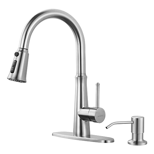 WOWOW Kitchen Faucet with SprayerBrushed Nickel Single Handle High Arc Stainless Steel Kitchen Faucet Tap with Pull Down Sprayer for 2 or 4 HolePull Out Faucet with Deck Plate 3 Functions - Image 1