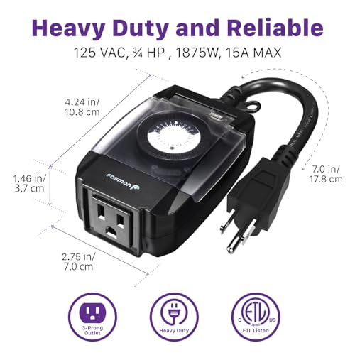 Fosmon Outdoor Light Timer Outlet Waterproof, 24 Hour Plug in Mechanical Pool Pump Timer Weatherproof, 3-Prong, Grounded, Heavy Duty, 15A 1/2HP - Image 3