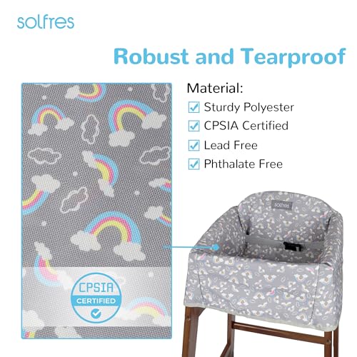 Solfres Dual-Belt Baby High Chair Cover, Upgrade Version, for Wooden or Restaurant High Chair, Sturdy and Robust Material, Waterproof Washable Stain and Slip Resistant, Gray Rainbow - Image 4