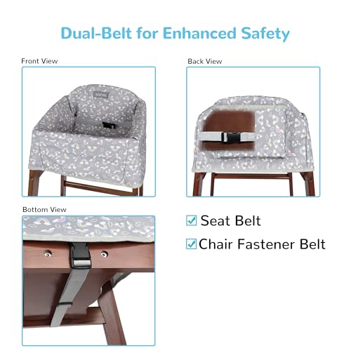 Solfres Dual-Belt Baby High Chair Cover, Upgrade Version, for Wooden or Restaurant High Chair, Sturdy and Robust Material, Waterproof Washable Stain and Slip Resistant, Gray Rainbow - Image 2