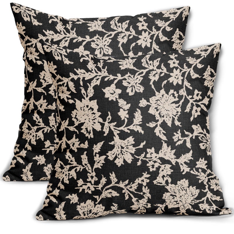 Aytipun Black Floral Pillow Covers 18x18 Set of 2 Brown Cream Vintage Flower Block Print Pattern Decorative Throw Pillowcases Outdoor Rustic Farmhouse Square Cushion Cases Decor for Home Couch Sofa Bed - Image 1