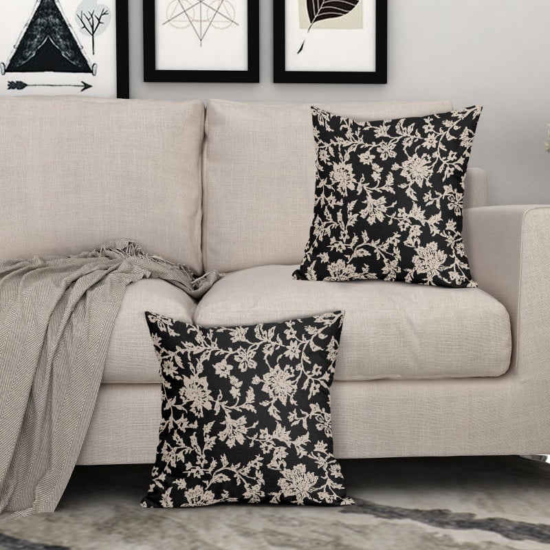 Aytipun Black Floral Pillow Covers 18x18 Set of 2 Brown Cream Vintage Flower Block Print Pattern Decorative Throw Pillowcases Outdoor Rustic Farmhouse Square Cushion Cases Decor for Home Couch Sofa Bed - Image 3