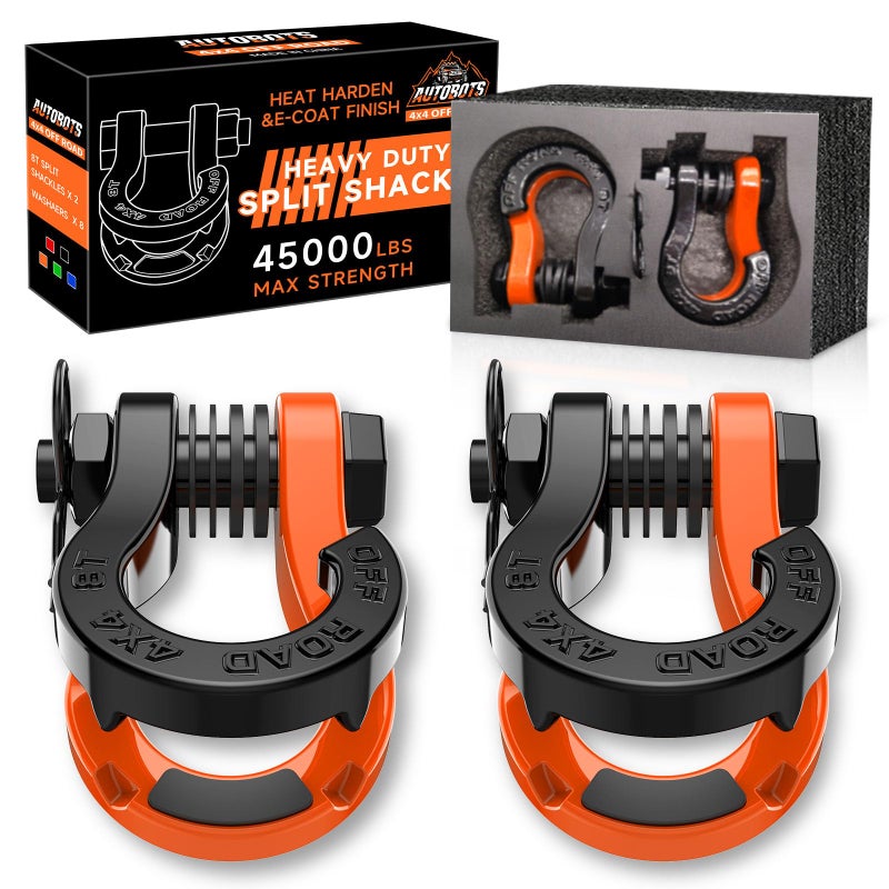 AUTOBOTS Tigertooth Split D Ring Shackles 45000lb Break Strength 34Shackle D Rings Heavy Duty with 78 Pin for Tow Strap Winch Offroad Vehicle Recovery Accessories Orange
