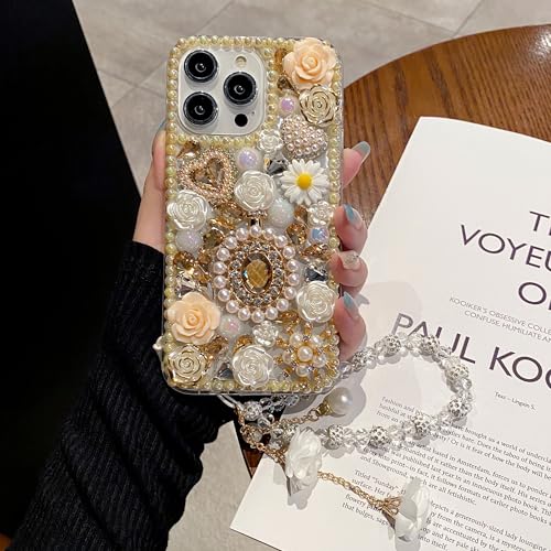 iFiLOVE for iPhone 16 Pro Max Bling Diamond Case with Flower Strap, 3D Luxury Sparkle Glitter Crystal Rhinestone Pearl Love Rose Wristband Bracelet Case Cover for Girls Women Kids (Champagne) - Image 3
