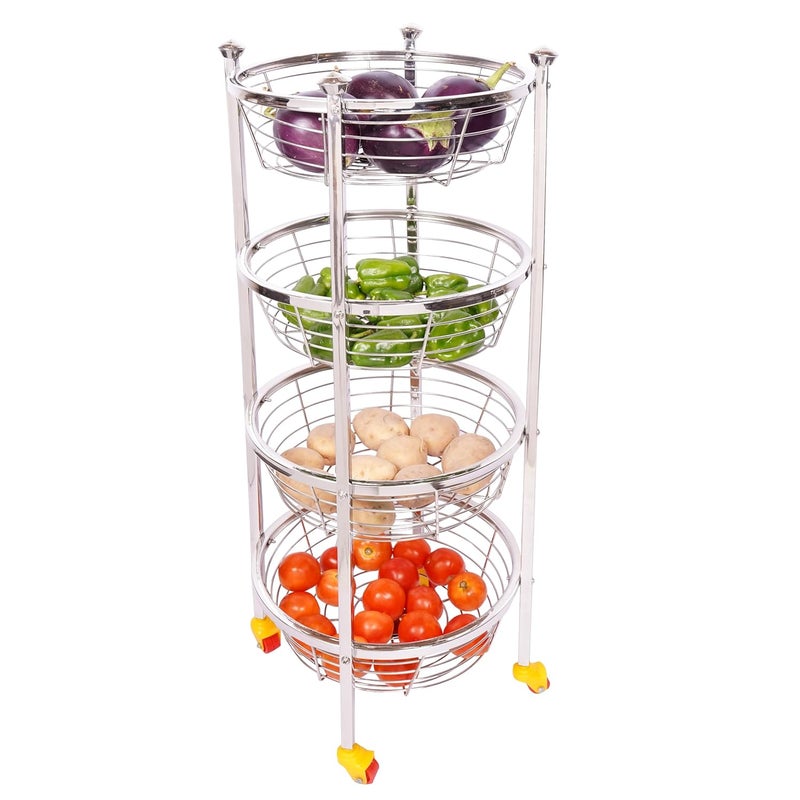 LOGENTA Stainless Steel Round Fruit Vegetable Trolley Vegetable Basket Fruit Basket Vegetable Stand for Storage Onion Potato Rack for Kitchen Round Trolley4 Layer
