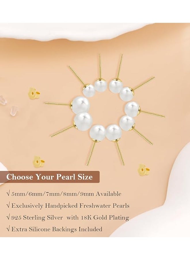 أقراط مرصعة باللؤلؤ الطبيعي من المياه العذبة مقاس 10 مم للنساء، أقراط مرصعة باللؤلؤ الطبيعي من الذهب عيار 18 قيراطًا، مضادة للحساسية، مع لؤلؤ أبيض دائري أصلي - Image 3