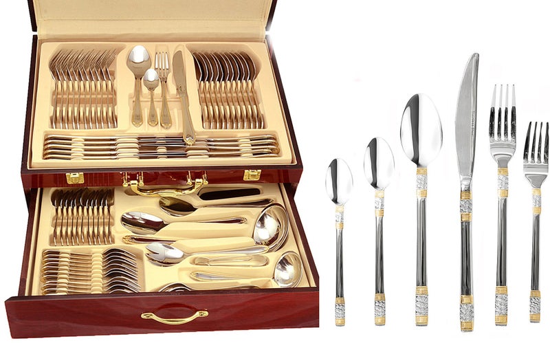 WORLD GIFTS Venezia Collection Luxor 75Piece Fine Flatware Set Silverware Cutlery Dining Service for 12 Premium 1810 Surgical Stainless Steel 24K GoldPlated Hostess Serving Set with Wooden Storage Case 