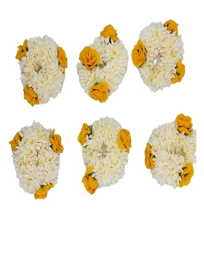 DIAN Pack of 6 White & Yellow Artificial Flower Hair Accessories, Mogra Scrunchies For Women, Hair Bun Accessories For Women, Gajra Hair Accessories for Women - Image 1