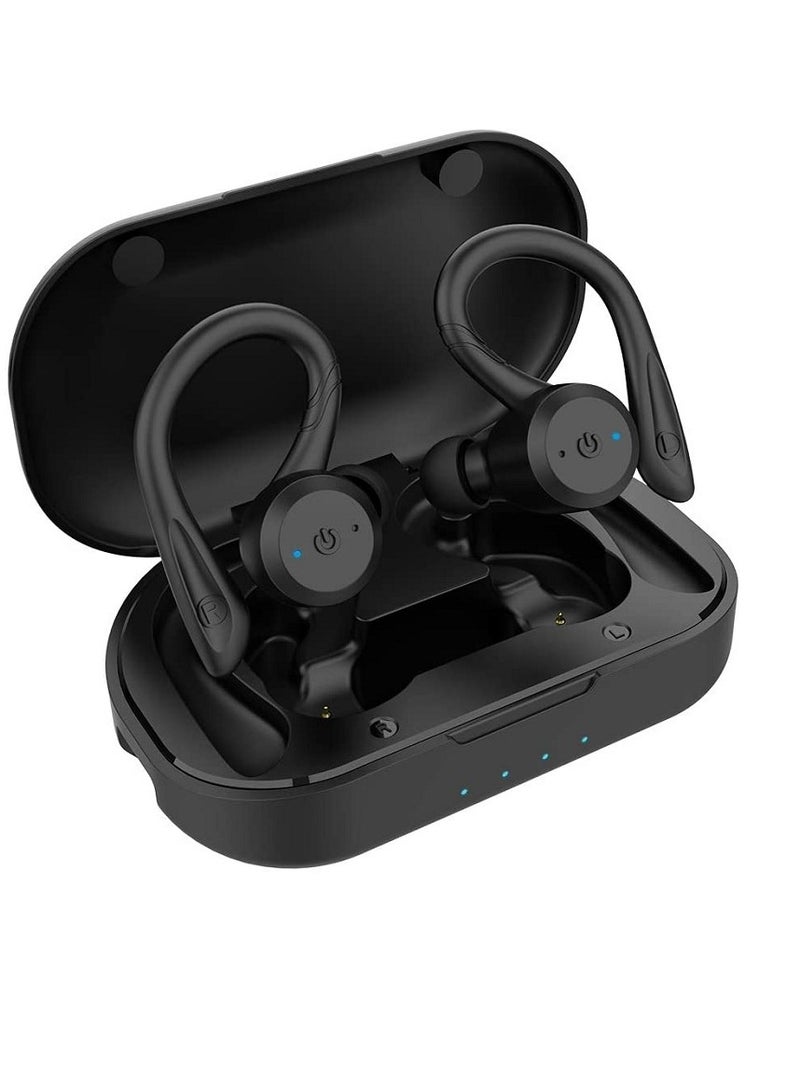 ارواق سماعات رأس بلوتوث، سماعات أذن لاسلكية حقيقية مع علبة شحن، سماعات صوت ستيريو مقاومة للماء IPX7 مع ميكروفون مدمج، سماعة رأس رياضية لاسلكية بنمط ارتداء مزدوج للجري الرياضي، (قطعة واحدة، أسود) - Image 1