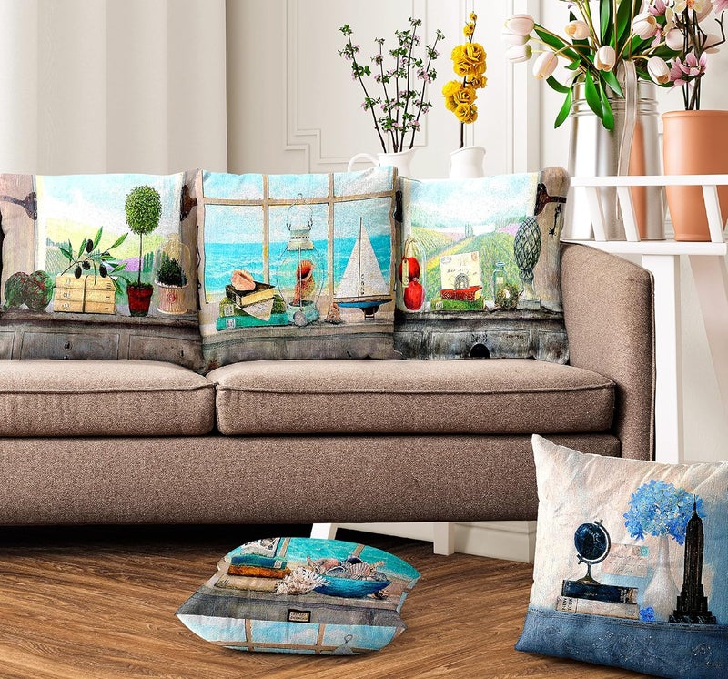 Ultimate Trends Polyester Digital Modern Printed Cushion Cover 16x16 Set of 5 White and Sky Blue UTCC1004_ 16