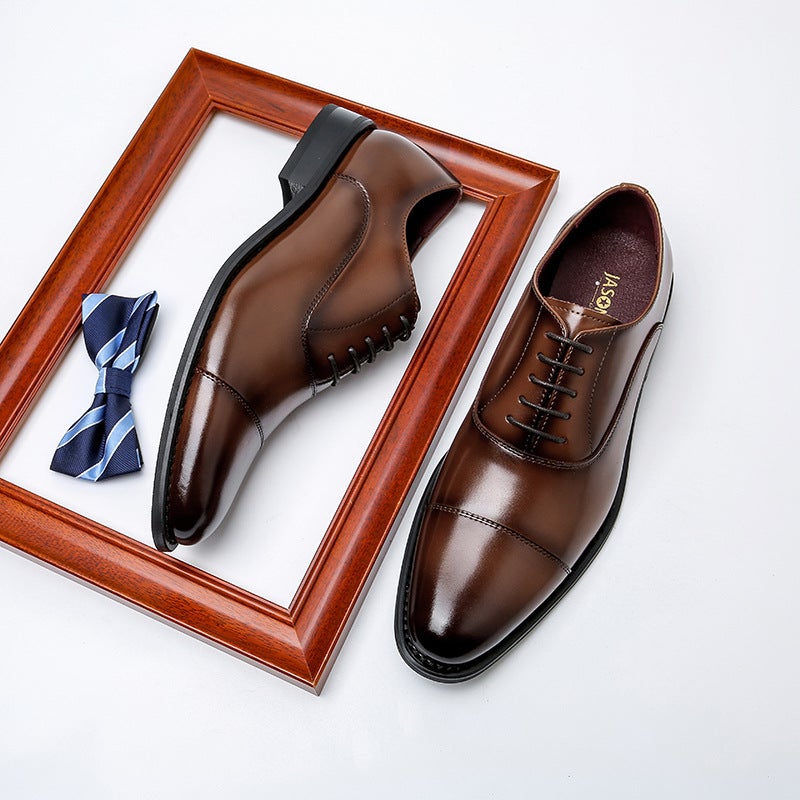 Summer new men's formal leather shoes men's business shoes leather three-joint gentleman men's leather shoes inner height-increasing single shoes black 45 - Image 3