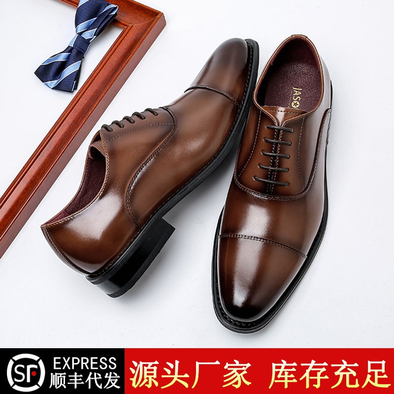 Summer new men's formal leather shoes men's business shoes leather three-joint gentleman men's leather shoes inner height-increasing single shoes black 45 - Image 2