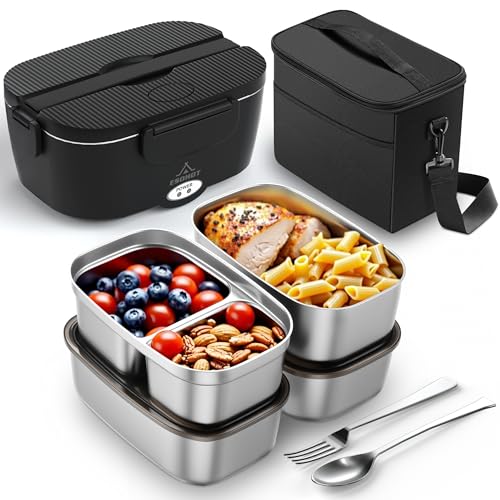 ESOHOT Heated Lunch Box,120W Electric Lunch Box for Adults with 1.5L 304 Stainless Steel Container, 12V/24V/110V Lonchera Eléctrica Portátil for Travel,Work,Car,Truck (Pure Black, 1.5L x 4) - Image 1