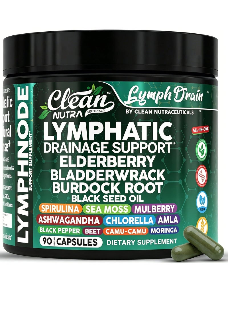 Clean Nutra Organic Lymphatic Drainage Supplements | Elderberry Bladderwrack Burdock Root Black Seed Oil Spirulina Sea Moss Ashwagandha Chlorella Amla Beet Moringa Chlorophyll Lymph System Capsules By Clean Nutra - Image 1