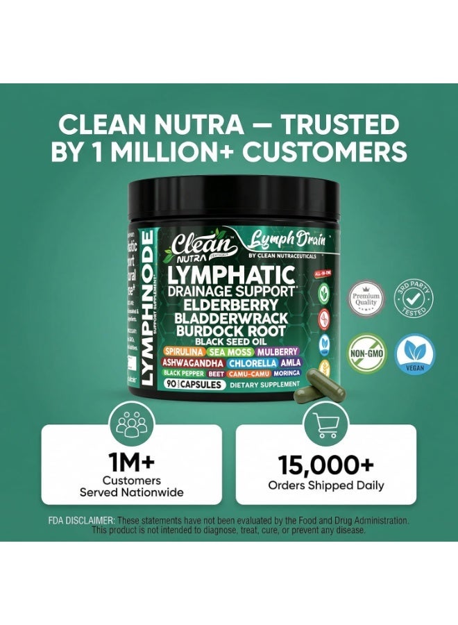Clean Nutra Organic Lymphatic Drainage Supplements | Elderberry Bladderwrack Burdock Root Black Seed Oil Spirulina Sea Moss Ashwagandha Chlorella Amla Beet Moringa Chlorophyll Lymph System Capsules By Clean Nutra - Image 3