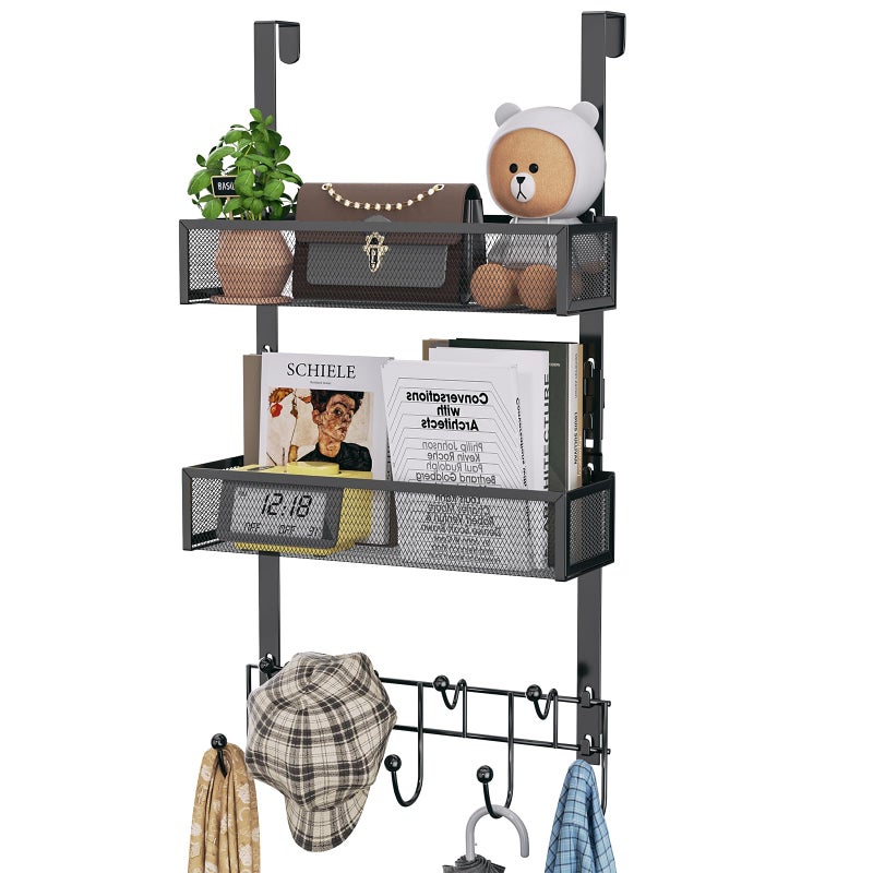 HapiRm Over The Door Hanger with Coat Hooks and 2 Baskets, Rustproof & Waterproof Over The Door Hooks, Storage Organizer for Hats, Bathroom, Kitchen, Bedroom-Black (for 1.76in Doors) - Image 1