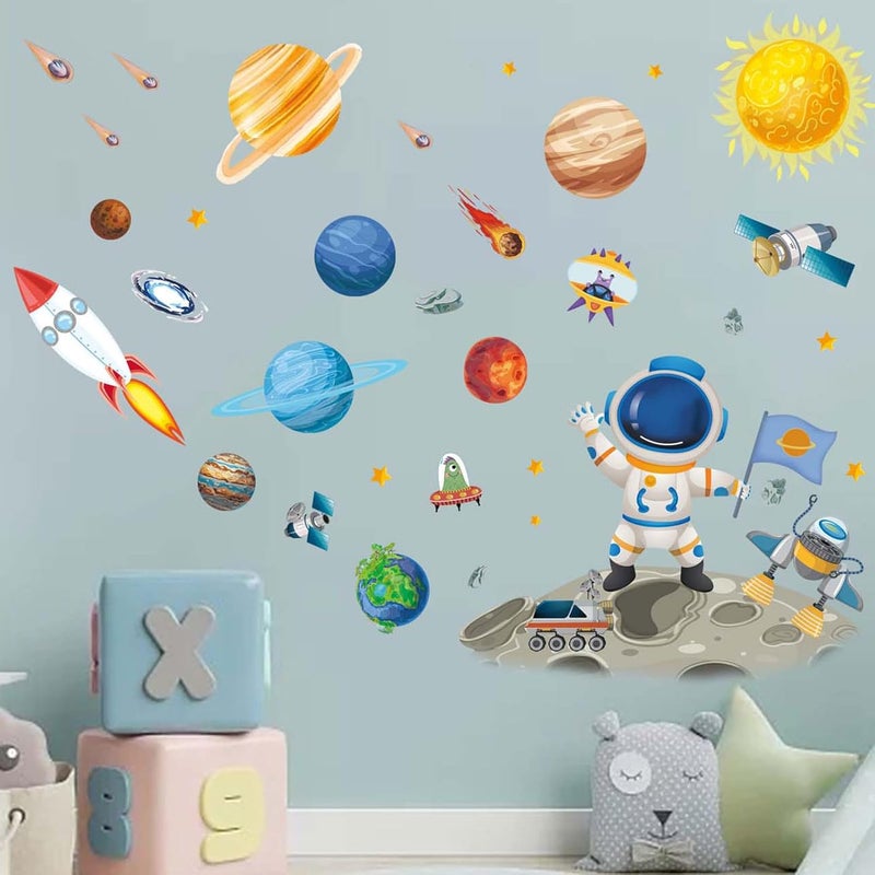 ARS Outer Space Astronaut Wall Stickers - Planets Rocket Boys Wall Decals - Baby Nursery Kids Room Daycare Playroom Classroom Wall Decor - Image 1