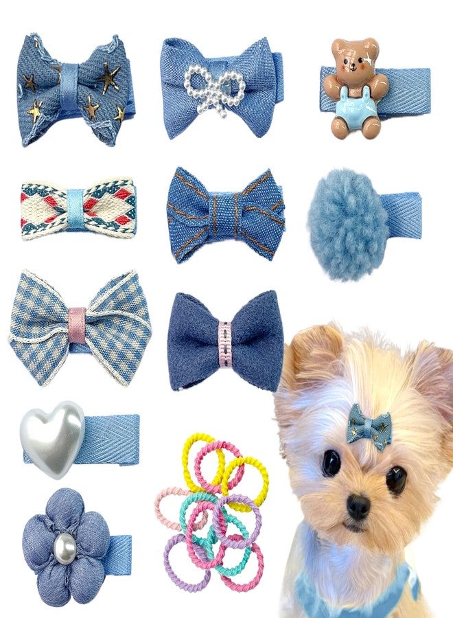 LCiclly Blue Dog Hair Clips and Rubber Bands Small Dog Bows Denim Cute Pet Grooming Accessories Alligator Clips Stay In Hair Barrettes Flower Bear Hairpin Topknot Headdress Yorkie Puppy Maltese Girls Dogs - Image 1
