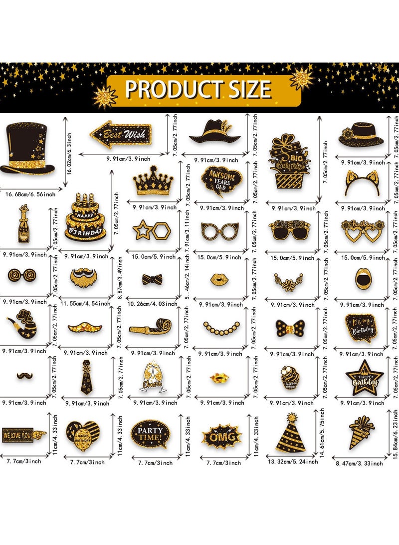 38-Piece Birthday Party Photo Booth Prop Kit in Black and Gold - Includes Hats, Mustaches, Glasses, Crowns, & Cake Toppers for Adults and Kids - Selfie Props for Birthdays, Weddings, Graduations & Celebrations. - Image 3