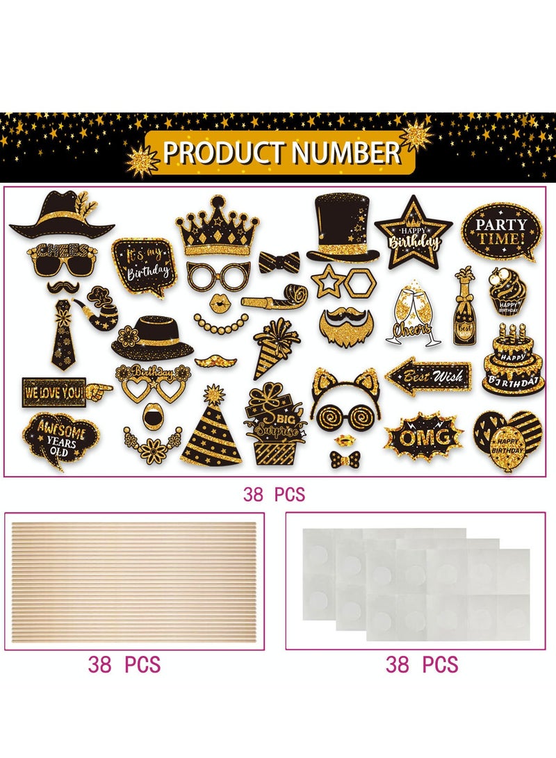 38-Piece Birthday Party Photo Booth Prop Kit in Black and Gold - Includes Hats, Mustaches, Glasses, Crowns, & Cake Toppers for Adults and Kids - Selfie Props for Birthdays, Weddings, Graduations & Celebrations. - Image 4