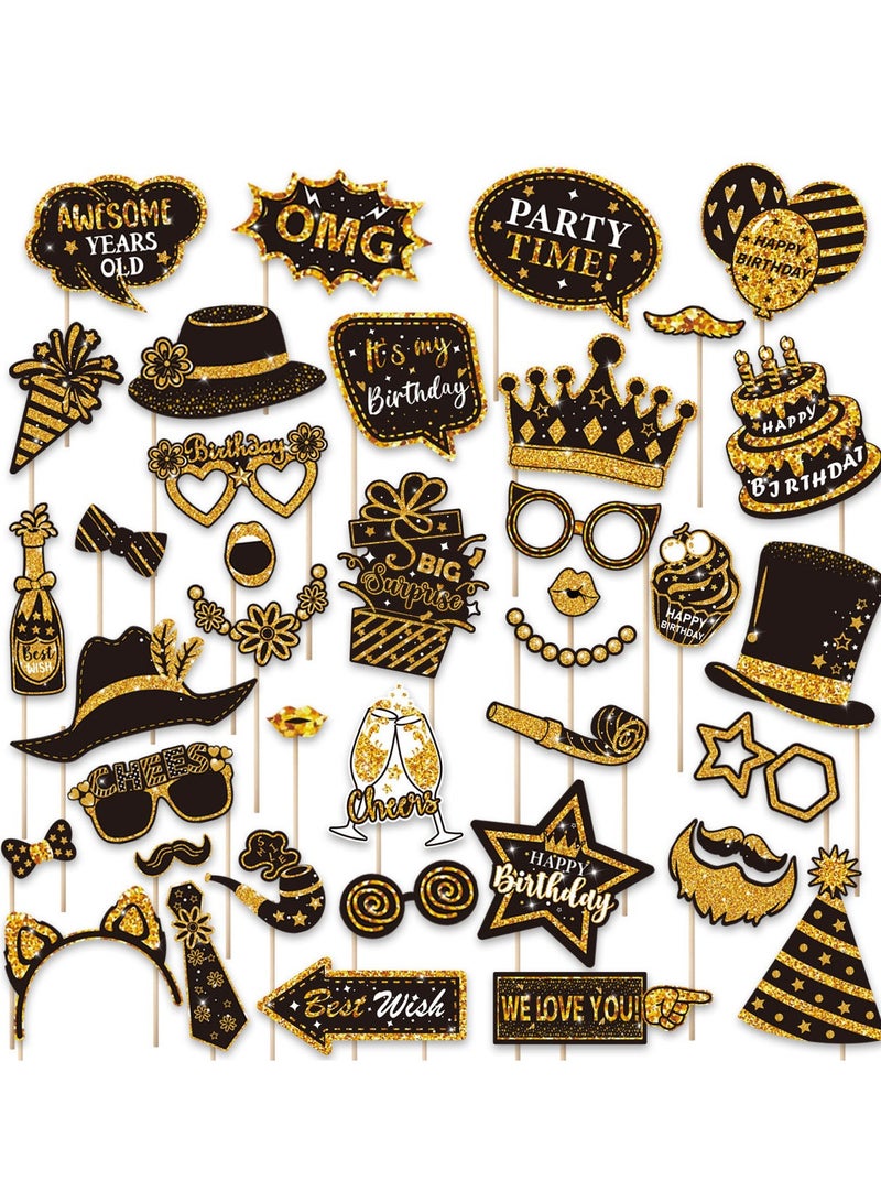 38-Piece Birthday Party Photo Booth Prop Kit in Black and Gold - Includes Hats, Mustaches, Glasses, Crowns, & Cake Toppers for Adults and Kids - Selfie Props for Birthdays, Weddings, Graduations & Celebrations. - Image 2