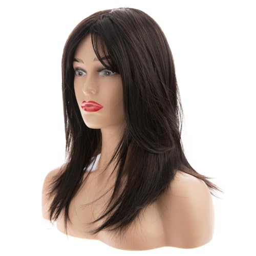 ASSU Long Straight Dark Brown Synthetic Hair Wig with Layered Bangs for Women | Natural-Looking Everyday & Party Wig | Includes Wig Cap | Comfortable & Stylish for Daily Use - Image 4