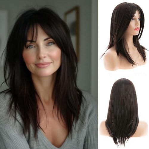 ASSU Long Straight Dark Brown Synthetic Hair Wig with Layered Bangs for Women | Natural-Looking Everyday & Party Wig | Includes Wig Cap | Comfortable & Stylish for Daily Use - Image 1