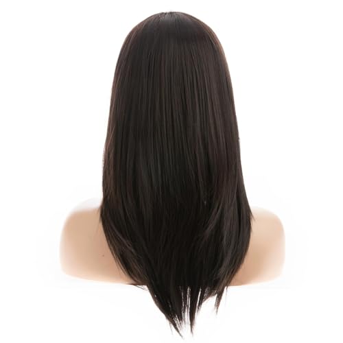 ASSU Long Straight Dark Brown Synthetic Hair Wig with Layered Bangs for Women | Natural-Looking Everyday & Party Wig | Includes Wig Cap | Comfortable & Stylish for Daily Use - Image 3