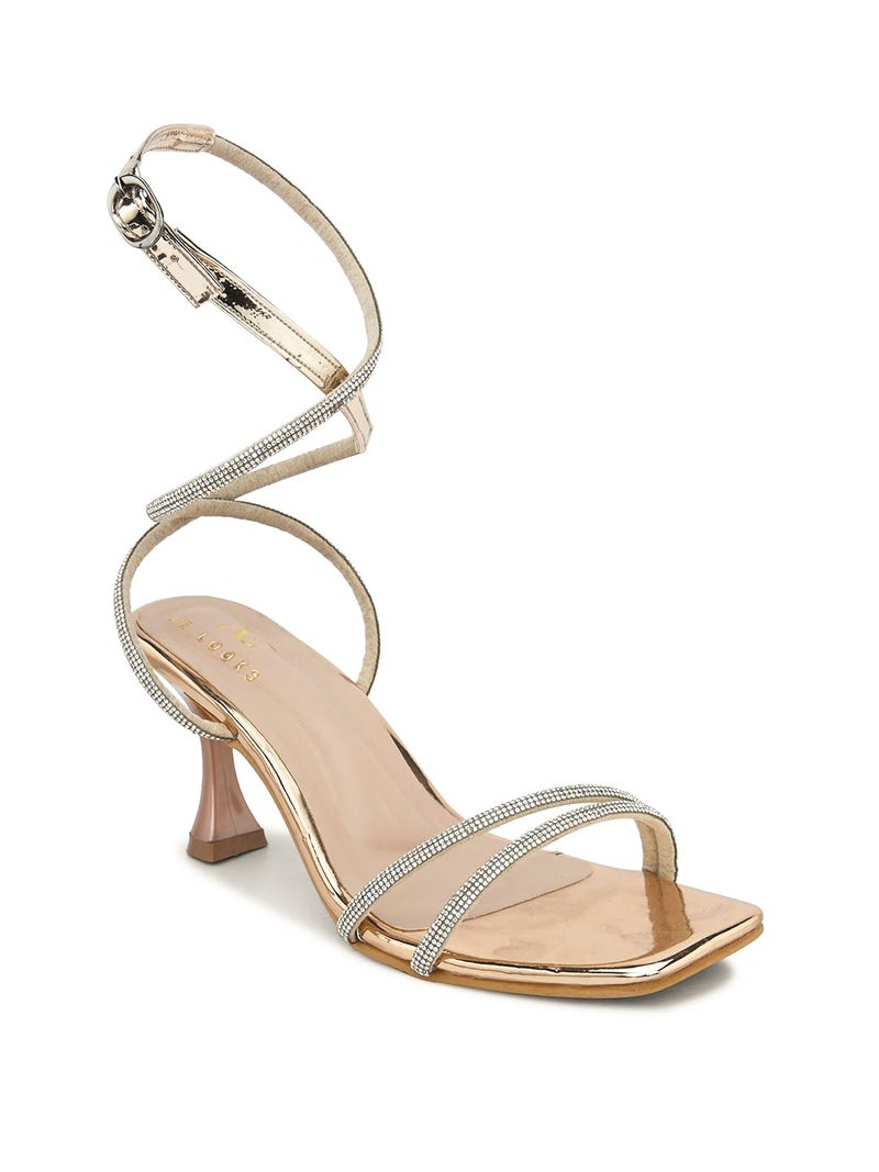 XE Looks Gold Fashion Sandals | Faux Leather Comfortable,Trendy and Stylish Block Heel | For Wedding Occasion 3 Inches Heel | For Women & Girls - Image 5