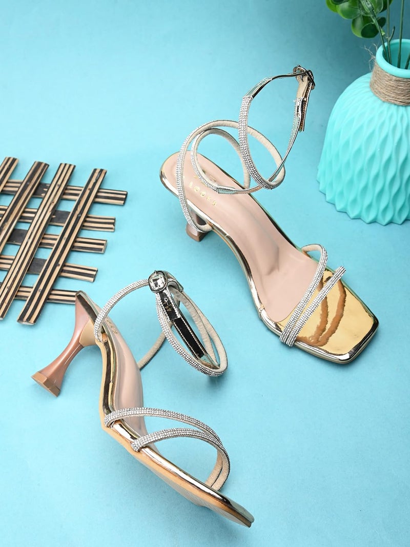 XE Looks Gold Fashion Sandals | Faux Leather Comfortable,Trendy and Stylish Block Heel | For Wedding Occasion 3 Inches Heel | For Women & Girls - Image 2