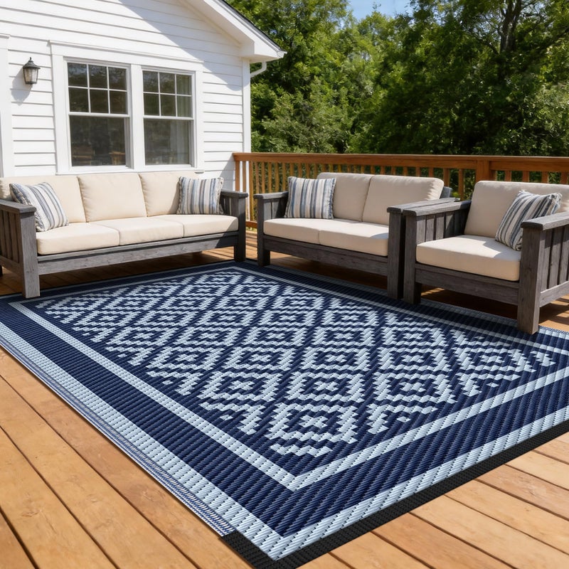 Kohree RV Outdoor Rug 9x12 Reversible, Waterproof Patio Mat with 4 Stakes & UV Fade Resistant, Non-Slip Outdoor Camping Mat for Deck, Picnic, Backyard, Includes Carry Bag (Blue) - Image 1