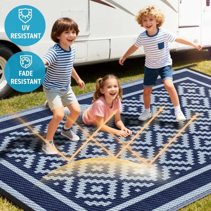 Kohree RV Outdoor Rug 9x12 Reversible, Waterproof Patio Mat with 4 Stakes & UV Fade Resistant, Non-Slip Outdoor Camping Mat for Deck, Picnic, Backyard, Includes Carry Bag (Blue) - Image 2