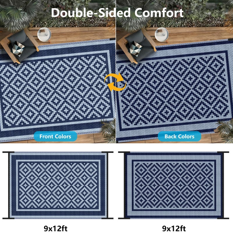 Kohree RV Outdoor Rug 9x12 Reversible, Waterproof Patio Mat with 4 Stakes & UV Fade Resistant, Non-Slip Outdoor Camping Mat for Deck, Picnic, Backyard, Includes Carry Bag (Blue) - Image 4