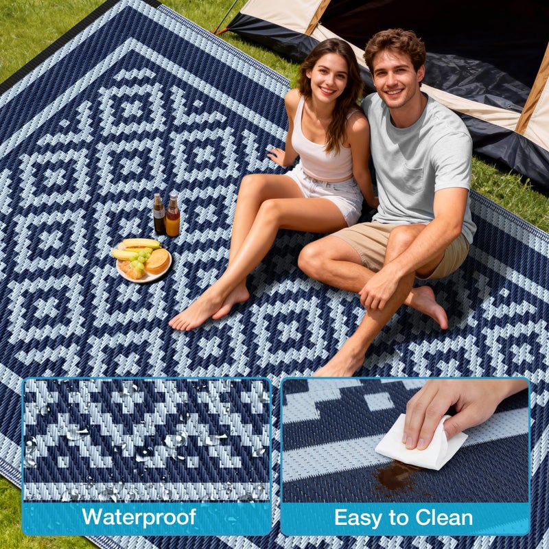 Kohree RV Outdoor Rug 9x12 Reversible, Waterproof Patio Mat with 4 Stakes & UV Fade Resistant, Non-Slip Outdoor Camping Mat for Deck, Picnic, Backyard, Includes Carry Bag (Blue) - Image 3