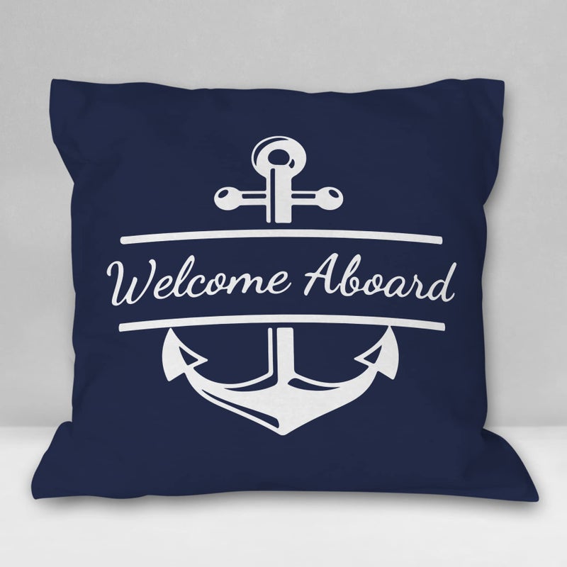 Burosev Welcome Aboard Soft Throw Pillow Cover  Navy Blue Boat Anchor Decorative Pillowcase  Nautical Sailing Farmhouse Decor Decorations for Home Bedroom Sofa Living Room(18 x 18 Inch) - Image 1