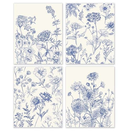BESERH Chinoiserie Floral Wall Decor, Blue and White Floral Wall Art Prints, Grandmillennial Vintage Flower Posters for Home Bedroom Living Room, 8x10 Inches Set of 4 Unframed - Image 1
