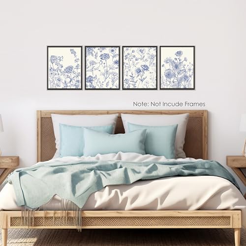 BESERH Chinoiserie Floral Wall Decor, Blue and White Floral Wall Art Prints, Grandmillennial Vintage Flower Posters for Home Bedroom Living Room, 8x10 Inches Set of 4 Unframed - Image 4