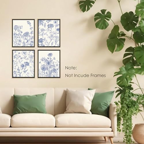 BESERH Chinoiserie Floral Wall Decor, Blue and White Floral Wall Art Prints, Grandmillennial Vintage Flower Posters for Home Bedroom Living Room, 8x10 Inches Set of 4 Unframed - Image 3